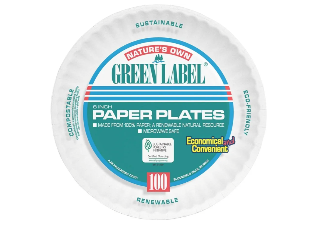AJM AJMPP6GRE Green Label Paper Plates, Microwavable, 9" Diameter (12 Pack of 100)