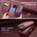 Defencase for iPhone 15 Pro Max Magnetic Wallet Case Compatible with Magsafe with RFID Blocking Zipper Strap Card Holder for Women, PU Leather Detachable Case for iPhone 15 Pro Max (6.7"), Wine Red