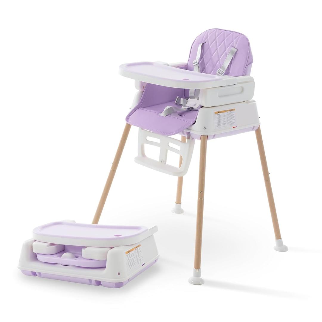 3 in 1 Portable Baby High Chair for Babies and Toddlers, Adjustable Convertible Infant Baby Feeding Chair Booster for Eating with Detachable Double Tray, 5 Point Harness, Purple