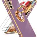 LeYi for Galaxy A37-5G Phone Case: with 2 Pack Tempered Glass Screen Protector and 360 Rotatable Ring Holder Magnetic Kickstand, Plating Rose Gold Edge for Samsung A 37 5G Case, Purple