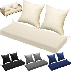 Wenqik 3 Pcs Outdoor Bench Cushion Set 47" x 18" Patio Wicker Cushion with 2 Throw Pillows Waterproof for Outdoor Loveseat Sofa Bench Seat Bed Couch Swing Furniture(Beige)