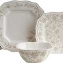225 Fifth Batik Toile Taupe Porcelain 12-Piece Dinnerware Set  Service for 4, Includes Dinner Plates, Salad Plates & Cereal Bowls, Glossy Finish, Dishwasher Safe, for Everyday Dining & Entertainment