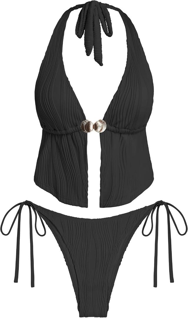 ZAFUL Women Striped Halter Bikini Set Backless String Tankini Tie Side Swimsuit Cheeky 2 Piece Bathing Suit (Black, S)