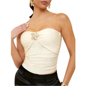 Floerns Women's Rhinestone 3D Floral Sleeveless Bandeau Ruched Strapless Tube Top (Large, White)