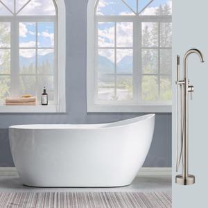 Woodbridge 59" Acrylic Freestanding Bathtub Contemporary Soaking Tub with Brushed Nickel Overflow and Drain BTA1530,With Brushed Nickel-Faucet F0001BN (BTA1530+ F-0001)