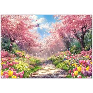 7X5ft Spring Scenery Backdrop Garden Cherry Blossom Tree Path Butterfly Tulip Photography Background Kids Baby Shower Wedding Party Decorations Photo Banner Props