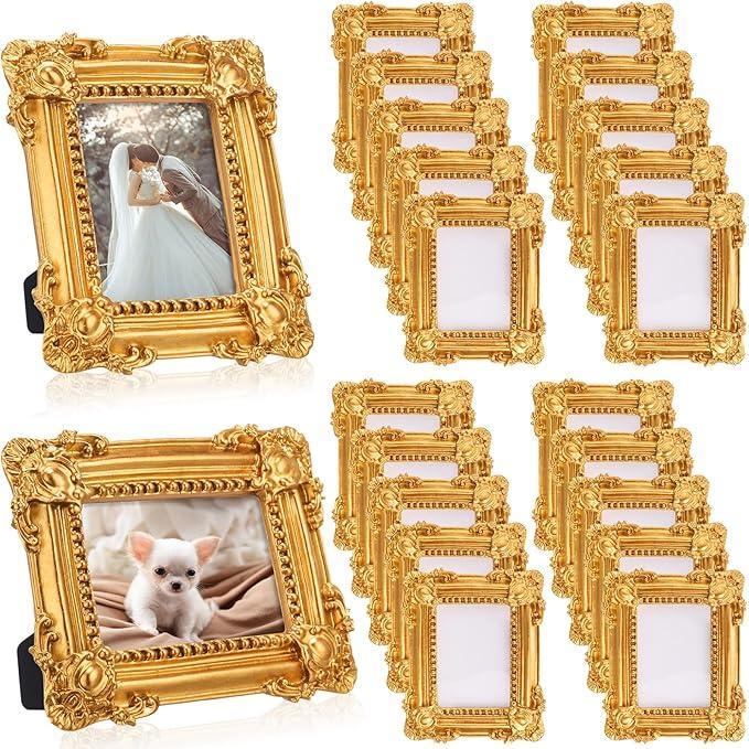 Qunclay 5 Mini Vintage Gold Picture Frames 2.5x3.5 Inches Ornate Wallet Size Retro Photo Frame Set with Backboard for Wedding Tabletop & Wall Hanging Display, Antique Home Gallery Decor