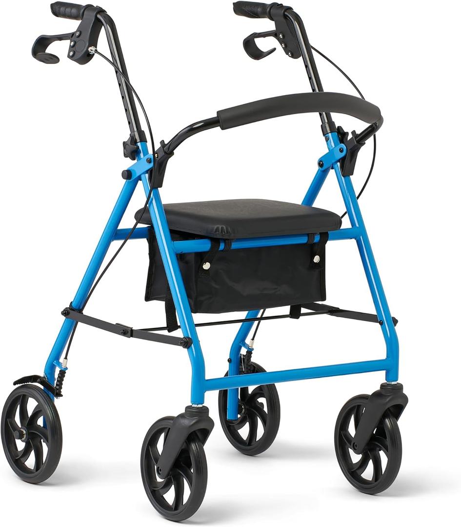 Medline Standard Adult Steel Rollator Walker Aid, Light Blue, 300 lb. Weight Capacity, 8” Wheels, Foldable, Adjustable Handles, Rolling Walker for Seniors