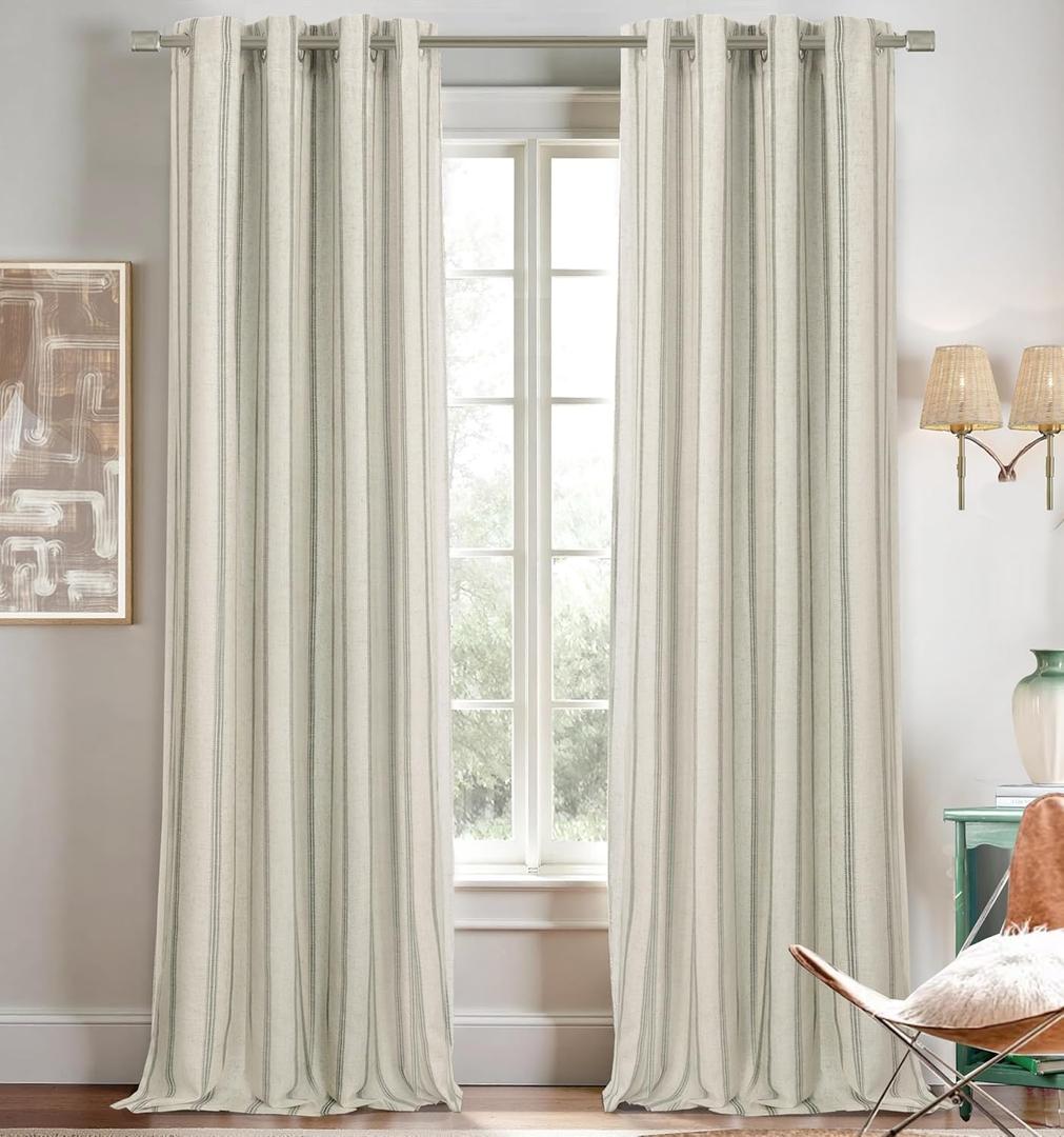 DriftAway Farmhouse Linen Blend Blackout Curtains 102 Inches Long for Bedroom Vertical Striped Printed Linen Curtains Thermal Insulated Lined Treatments for Living Room 2 Panels W52 x L102 Gray