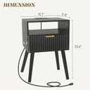 Black Nightstand with Charging Station, Mid Cetury Modern Nightstand with Drawers, Fluted End Side Table with Solid Wood for Bedroom, Dorm and Small Space (Black)