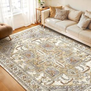 WITSHOCK Living Room Area Rugs 8x10: Washable Rug Boho Soft Non-Slip Low Pile Stain Resistant Foldable Carpet for Bedroom Playroom Dining Room Office Kitchen Farmhouse Home Decor Rug-Turmeric/Grey