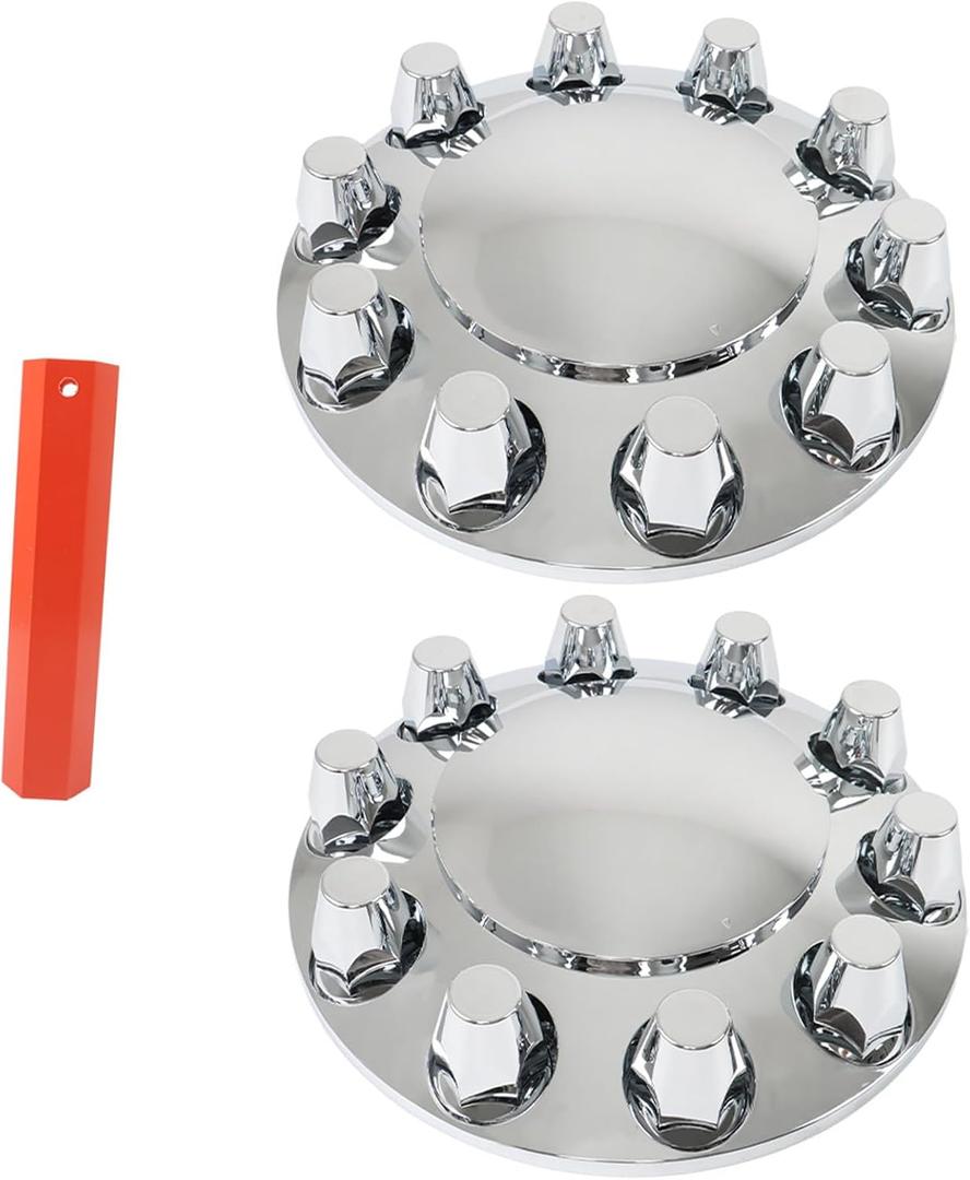 Silscvtt Chrome Semi Truck Hub Cover Wheel Axle Cover Center Caps Complete with 33mm Screw-on Lug Nuts for 22.5 Inches and 24.5 Inches Semi Truck Wheels 2 Front