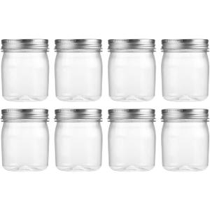 novelinks 8 oz Clear Plastic Jars with Airtight Lids, 8 Pack Plastic Mason Jars with Lids 8oz, Refillable Storage Slime Containers & Small Spice Jar for Kitchen Organization (8 Pack,Silver)