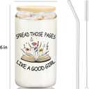 Floral Book Glass Cup with Lids and Straws 14oz, Book Lover Reader Bookworm Gifts, Spread Those Pages Like a Good Girl Glass Coffee Tumbler Drinking Jars with Cleaning Brush