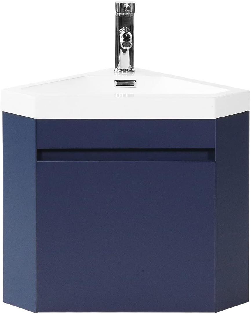 Walsport 16" Corner Bathroom Vanity Floating Single Sink Combo for Small Space Wall Mounted Cabinet Set Design Resin Basin Sink Top Chrome Faucet and Drain, Blue