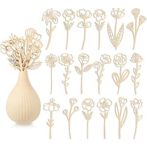 Ptwola 54PCS Wooden Wildflower Decor Set Wood Colorable Flowers Floral Cutouts Signs Laser Cut Stems Crafts Bouquet Boho Wall Decals for Home Birthday Holiday Art DIY Nursery Bedroom Decoration