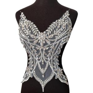 Rhinestones Beaded Bodice Applique Glass Patch Easy to use for Wedding Evening Dance Dress Decoration (White)