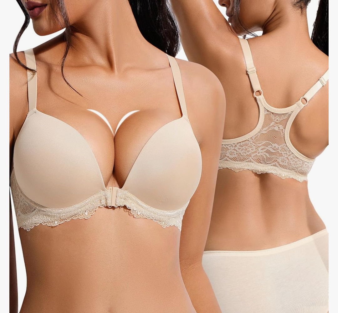 Maidenform Front Closure Push Up Bras for Women Racerback Add 2 Cup Sizes Padded Plunge Underwire Lace Bra Lift Up