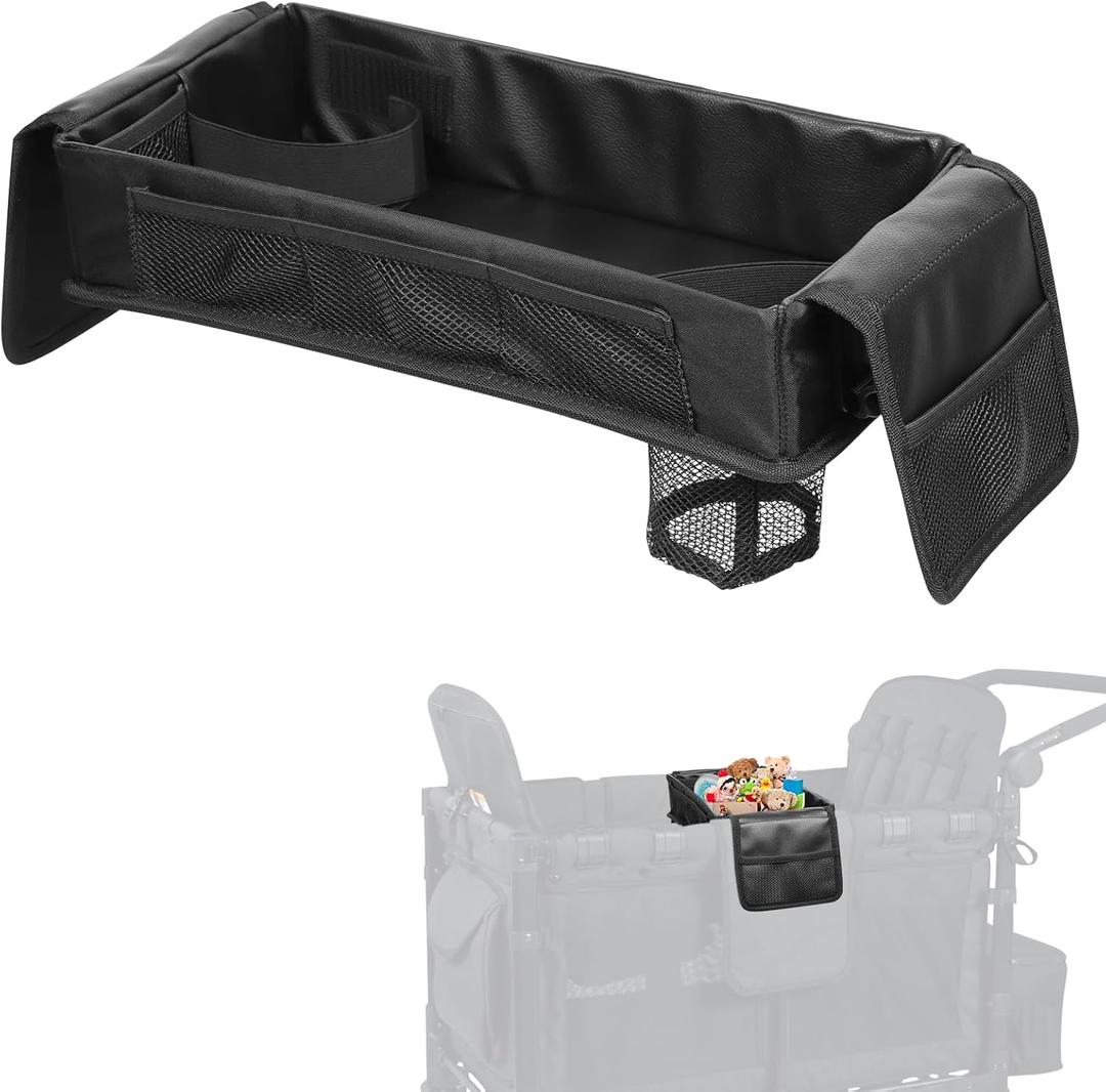Stroller Snack Tray with Anti-Falling Bottle Holders for Wonderfold Wagon,Waterproof Faux Leather Interior,Easy to Install and Remove (W4)