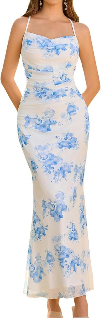 URYIAO Womens Floral Wedding Guest Fall Bodycon Ruched Long Dress (Blue)