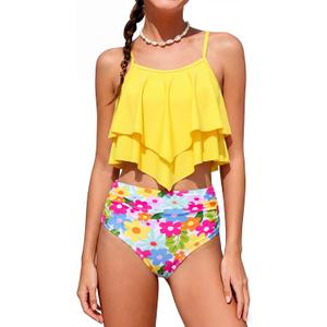HOZIY Tween Girls Bathing Suits Size 10-12 Girl Two Piece Swimsuits Bikinis Tiered Flounce Swim Suits Pink Floral Flower Preteen