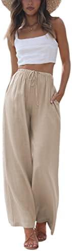 Faleave Women's Cotton Linen Summer Palazzo Pants Flowy Wide Leg Beach Trousers with Pockets, S