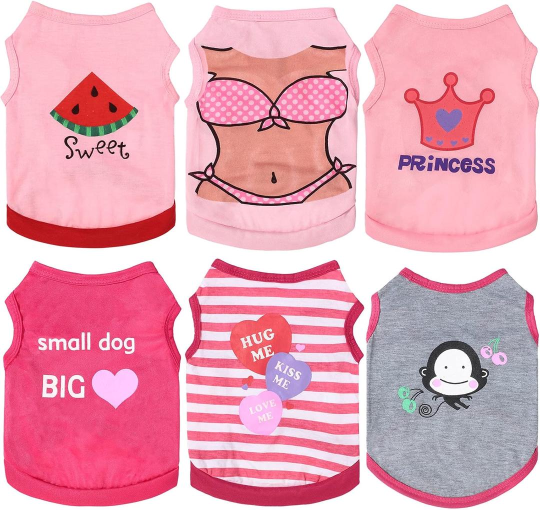 6 Pieces Dog Shirt Puppy Sweatshirt Pet Sleeveless Vest Dog Clothes Doggy Female Apparel for Small to Medium Dogs Puppy Cat (Cute Patterns,XS Size)