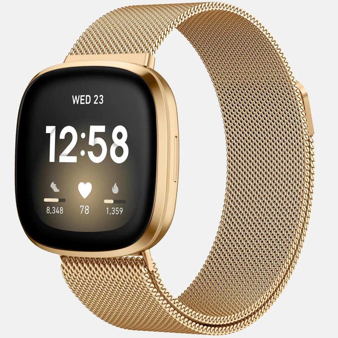 ZWGKKYGYH Bands Compatible with Fitbit Versa 3/ Versa 4/ Sense 2 and Sense Smartwatch, Stainless Steel Mesh Metal Band with Magnet Lock Replacement Strap for Women Men, Small Gold (S: 5.5" - 7.5")
