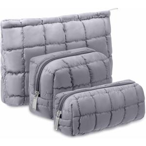 Huhumy 3 Pcs Puffy Makeup Bag Quilted Cosmetic Pouch for Women Cute Checkered Travel Toiletry Bag Puffer Makeup Organizer Purse Pouch Preppy Pencil Case with Zipper (Gray)