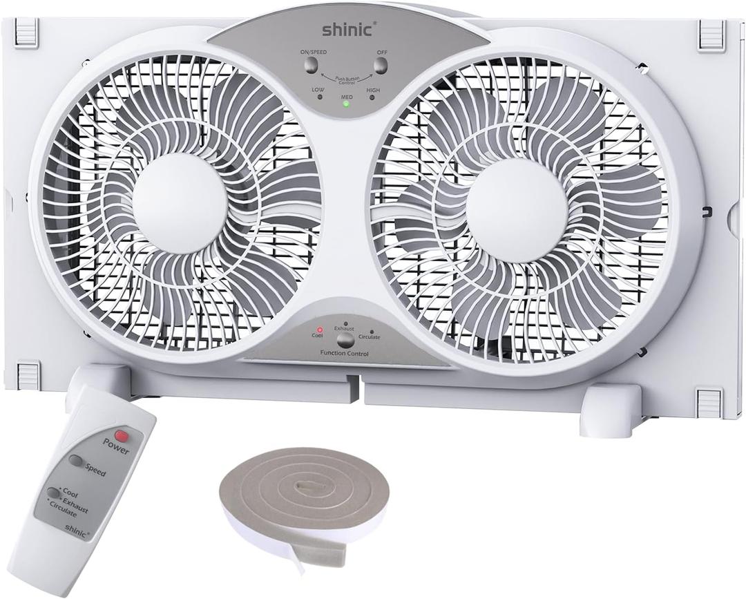shinic Window Fan with Reversible Airflow Quiet, Twin 9" Blades, Full Remote Control, 3 Functions-3 Speeds, Bathroom Kitchen Window Exhaust Fan, Width Adjustable (From 23.5" to 37") ETL Certified (White)