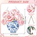 AceOrbit Peonies Flower Wall Art Decor 13.8 Inch Pink Flower Wall Decor Blue and White Chinoiserie Porcelain Wooden Hanging Sign Peonies for Front Door Indoor Outdoor Farmhouse Home Porch, 13.4"L x 13"W