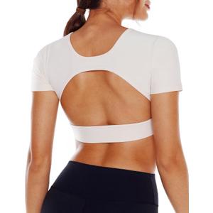 Open Back Workout Crop Tops for Women Backless Yoga Shirts Gym Short Sleeve Mild Support Compression Tee with Bra (Small, Creamy White)