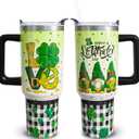 40 oz St Patricks Day Tumblers with Handle and Straw, Irish Gnome Shamrock 40oz Stainless Steel Vacuum Insulated Travel Coffee Mug Cup Water Bottle, St Patricks Day Stuff Accessories Gifts for Women