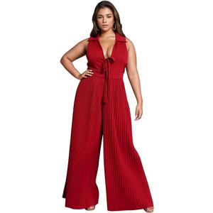 Women's Summer Casual Loose Tank Jumpsuit Sexy V Neck Front Tie Pleated Wide Legs Jumpsuit (3X-Large, Red)