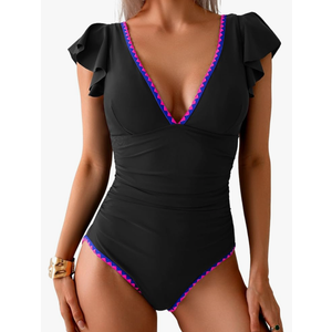 Women's One Piece Ruffle Swimsuit Tummy Control Bathing Suit V Neck Shell Stitched Swim Suit Slimming Swimwear, XL