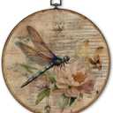 TLESKE Vintage Dragonfly Floral Round Wall Art Decor Framed 10x10, Fall Flower Canvas Wall Art Prints Artwork, Beige Neutral Wall Hanging Room Door Decor Decorations for Bedroom Living Room