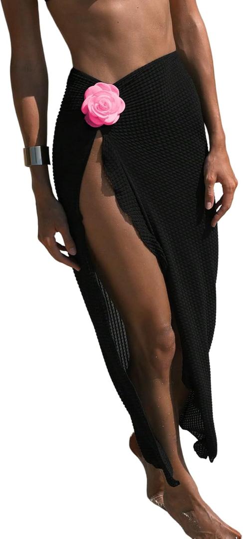 Women's Beach Cover Up Skirt 3D Flower Crochet Out High Split Swimsuit Bathing Suit Beach Skirt (Black, XS)