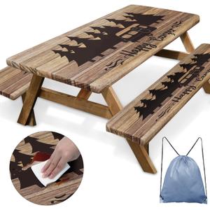 Picnic Table Cover with Bench Covers Elastic Edges, Wooden Camper Fitted Table Cover, Outdoor Patio Camping Essentials 72 Inch 3PCS, Waterproof Camping Fitted Tablecloth with Drawstring Bag