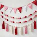 Hahafelt 4 Pcs 6.89 ft Valentine's Day Garland Banner Pom Pom Garland Pennant Banner Colorful Tassel Tree Pompom Decoration for Party Nursery Home Mantel Fireplace Birthday(Valentine's Pink)