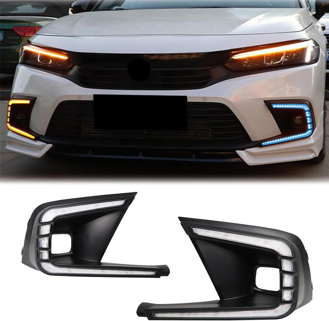 LED Fog Lights White Daytime Running Lights (DRL) Amber Turn Signal Lights Blue Low Beam Lights Compatible with 2022-2024 11th Gen Honda Civic Sedan