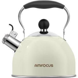 Tea Kettle, 2 Quart Stainless Steel Whistling Tea Kettle, Stovetop Whistling Teakettle Tea Pots for Stove Top with Ergonomic Folding Handle, Small Teapot, Water boiler for Tea, Coffee (White)
