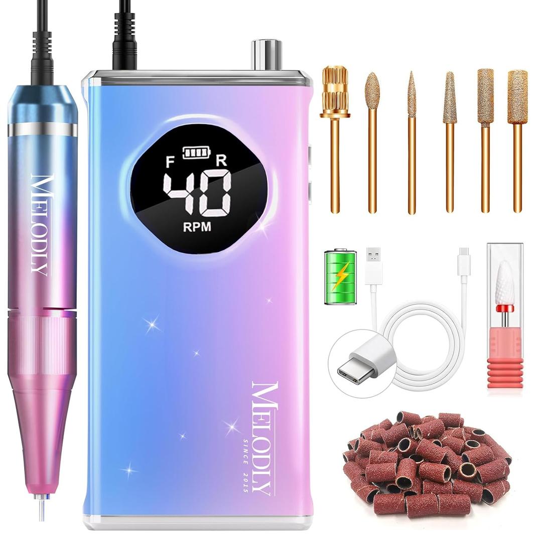 Electric Nail Drill File Professional 40000 RPM, Melodly Rechargeable Electric Nail File Machine Kit for Acrylic Gel Nails Polishing Removing, Portable Cordless Efile with Gold Bits at Salon Home (Pink-blue)