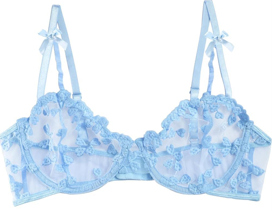 Lilosy Sexy Cute Push Up Strappy Embroidered Mesh Sheer Bra See Through Bra (Medium, Bow Light Blue)