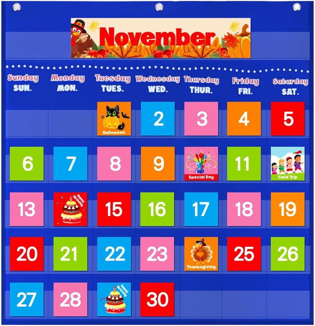VNOM Blue Calendar Pocket Chart for Classroom, School Pocket Calendar for Kids Learning for Home, Pre-k Homeschool Daycare Classroom Supplies for Teachers