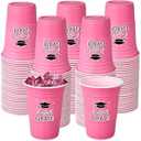 Ziliny 100 Pack Graduation Cups Bulk 16 oz Congrats Grad Cups 2025 Disposable Plastic Hot Cold Beer Beverage Drinks for School Graduation Party Decorations (Pink)