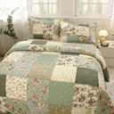vctops Boho Patchwork Cotton Quilted Bedspread Quilt Set Queen Size 3 Pieces Soft Reversible Lightweight Coverlet Set Floral Print 1 Quilt and 2 Pillow Shams (Green D,Queen)