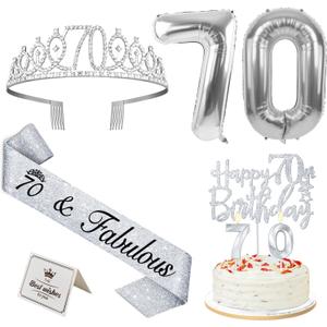 70th Birthday Decorations for Women Silver with 70th Birthday Sash and Crown, Cake Topper and Candles, Silver Number Balloons, 70 Year Old Gifts for Women