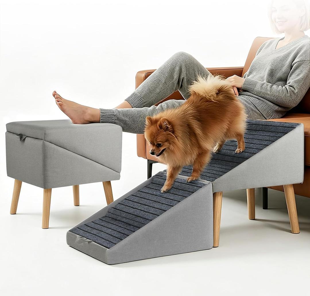 Split Ottoman Dog Ramp for Couch, 17.52" H Dog Stairs for Small Dogs and Cats, Foldable Pet Steps for Puppy and Medium/Senior Dogs,Non-Slip and Portable (Light Grey)