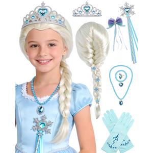 14 Pcs Set Long Blonde White Cosplay Wig Princess Braided Wig Blonde Pigtail Synthetic Wig for Halloween Costume Party +Wand+Crown+Necklace+Ring+Bracelet+Gloves+Hairpin+Clips + Wig Cap