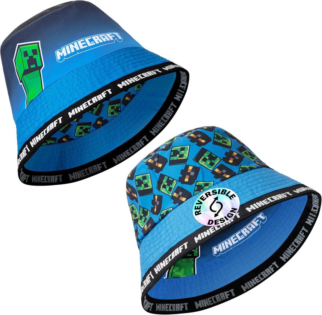 Minecraft Boys Bucket Hat, Sun Hat for Kids Beach Summer Holiday Essentials - Gifts for Gamers (One Size, Blue Reversible)